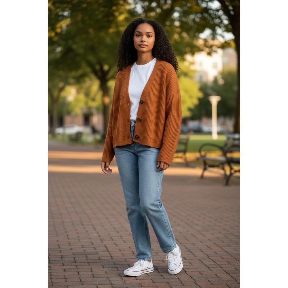 World Market Cropped Knit Cardigan Women's One Size Rust Button Cozy Grandmacore